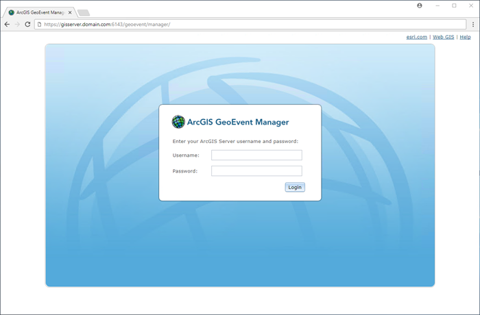 ArcGIS GeoEvent Manager login in page